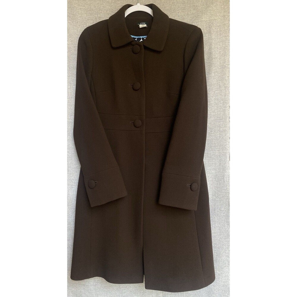J Crew Lady Day Rich Brown Wool Coat Womens 8 Silk Lined Classic Dress Polka dot